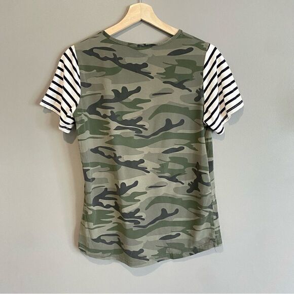 Daisy Mae Womens Camo Striped Sleeve Relaxed Fit T shirt Size Small - Picture 2 of 6